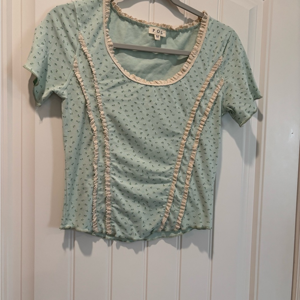 POL Mint Green Short Sleeve Top with Cream Accents